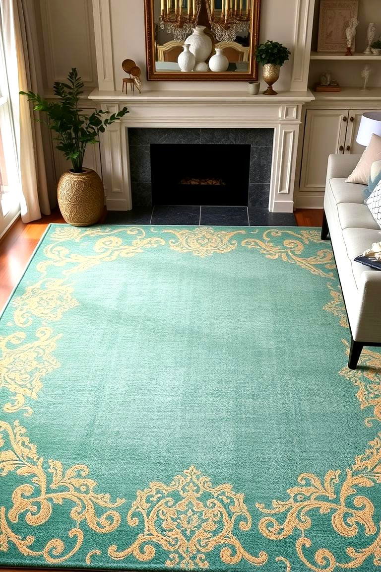 Emerald Green Area Rug with Gold Patterns - 24 Emerald Green and Gold Living Room Ideas