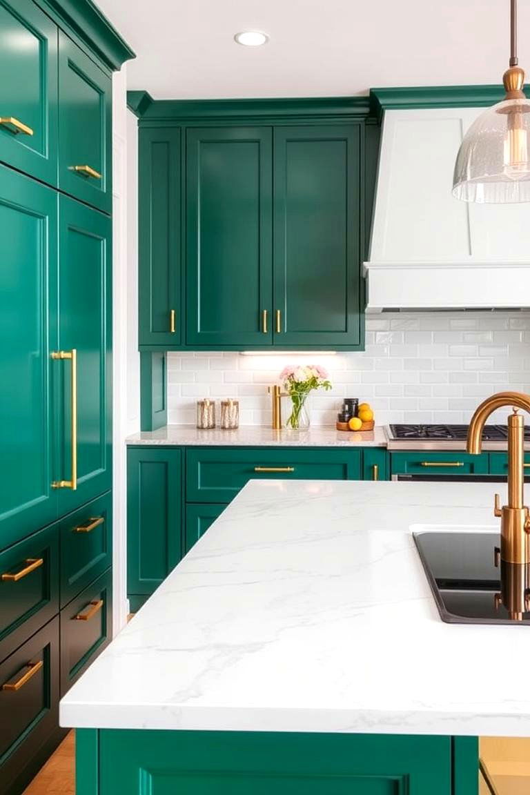 Emerald Green Cabinets with Brass Hardware - 24 Emerald Green Kitchen Ideas