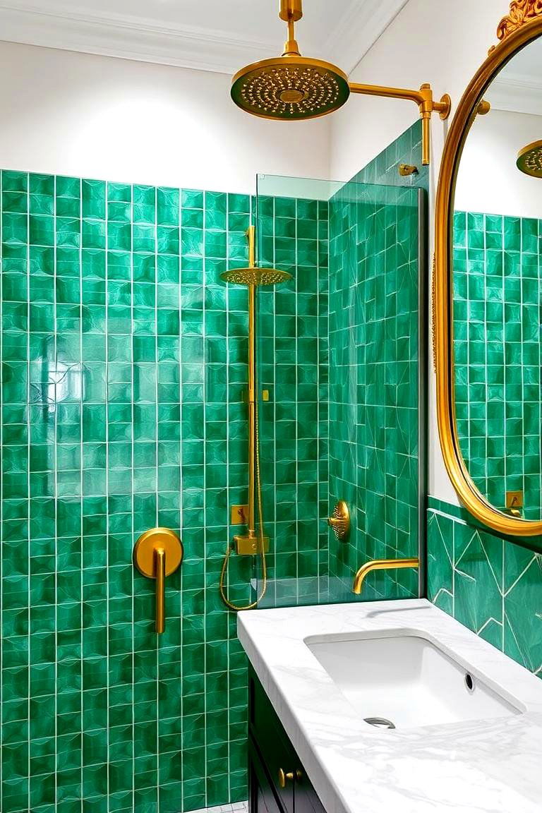 Emerald Green Geometric Pattern Tiles for Boldness - 24 Green Tile Bathroom Ideas