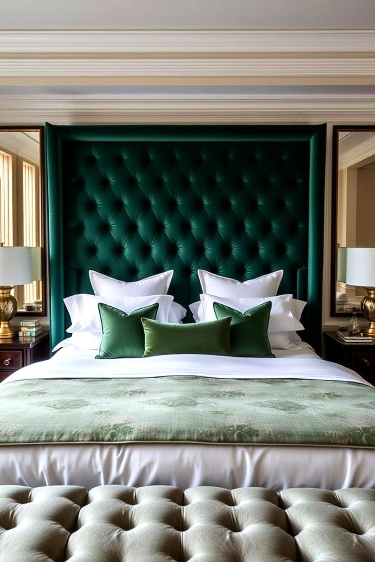 Emerald Green Headboard with White Bedding - 24 Green and White Bedroom Ideas