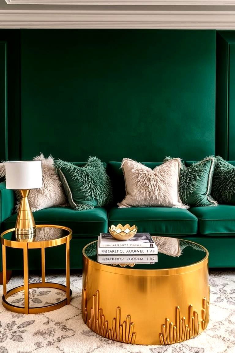 Emerald Green Sofa with Gold Side Tables - 24 Emerald Green and Gold Living Room Ideas