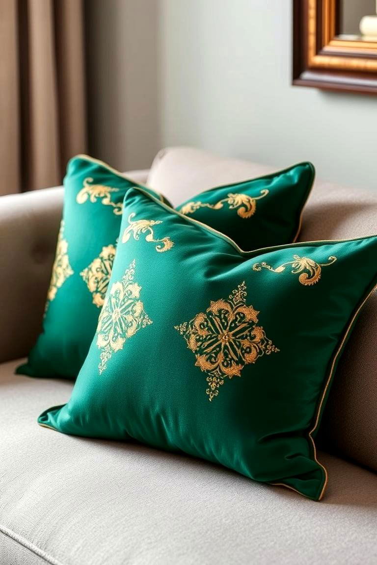 Emerald Green Throw Pillows with Gold Embroidery - 24 Emerald Green and Gold Living Room Ideas