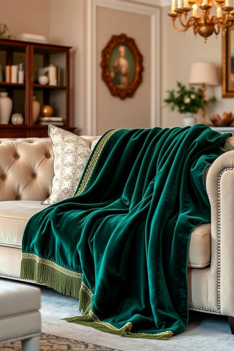 Emerald Green Throw with Gold Detailing - 24 Emerald Green and Gold Living Room Ideas