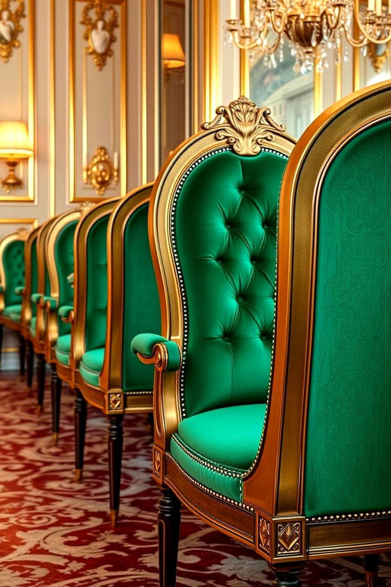 Emerald Green Upholstered Chairs with Gold Trims - 24 Emerald Green and Gold Living Room Ideas