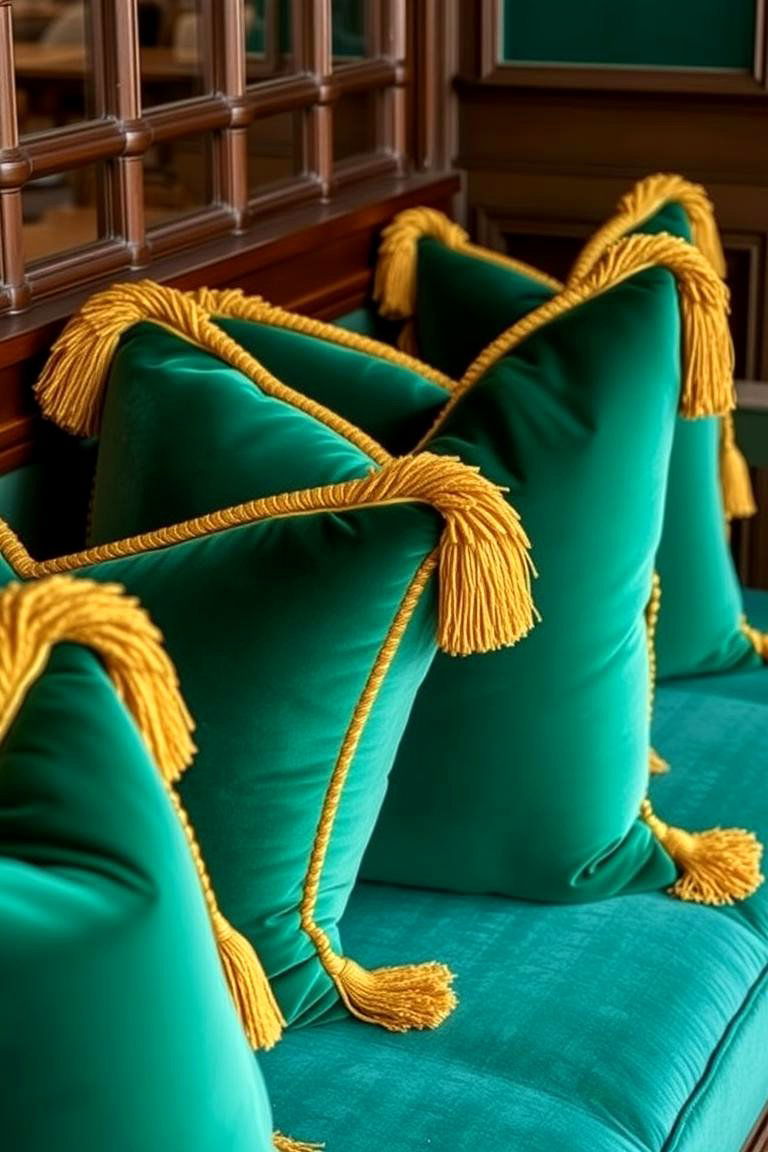 Emerald Green Velvet Cushions with Gold Tassels - 24 Emerald Green and Gold Living Room Ideas