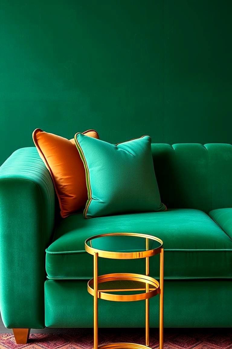 Emerald Green Velvet Sofa with Gold Accents - 24 Emerald Green and Gold Living Room Ideas