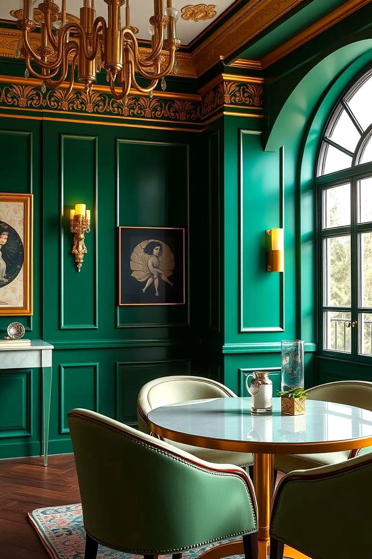 Emerald Green Walls with Gold Art Deco Decor - 24 Emerald Green and Gold Living Room Ideas