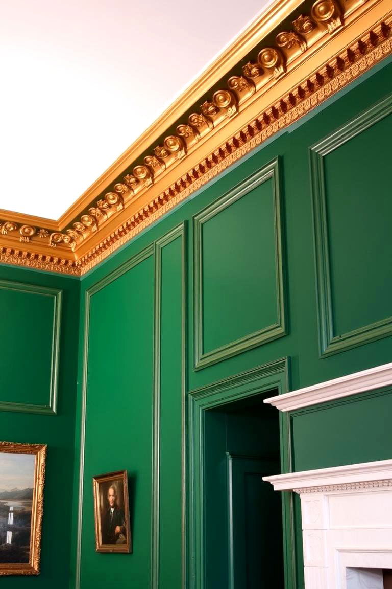 Emerald Green Walls with Gold Crown Molding - 24 Emerald Green and Gold Living Room Ideas