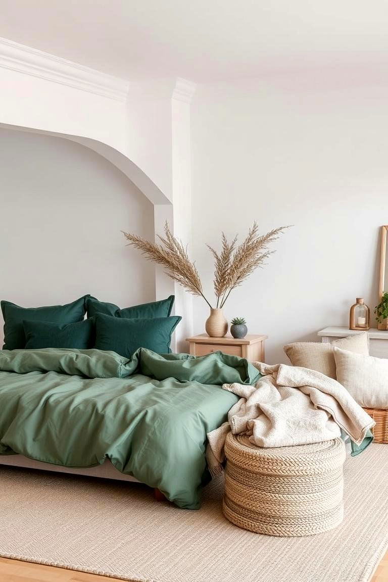Emerald Green and Beige Linen - 24 Emerald Green Bedroom Ideas