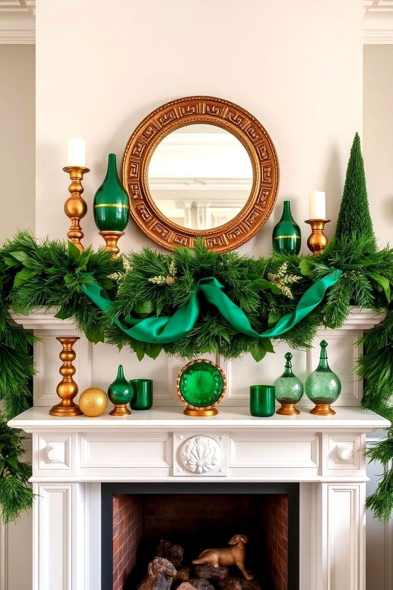 Emerald Green and Gold Decorated Fireplace Mantel - 24 Emerald Green and Gold Living Room Ideas