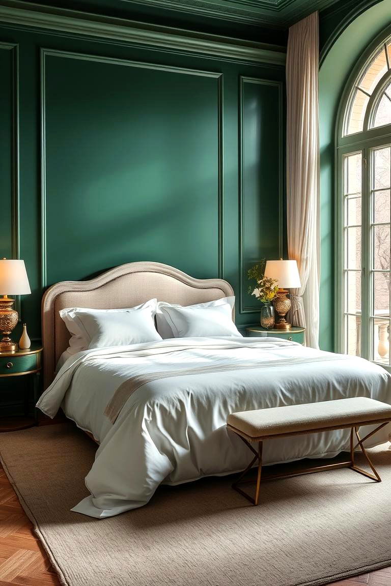 Emerald Green and White Linen for an Elegant Bedroom - 24 Emerald Green Bedroom Ideas