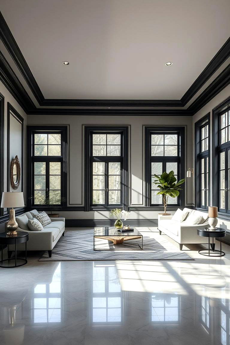 Emphasis on Open Space - 24 living room grey walls black trim
