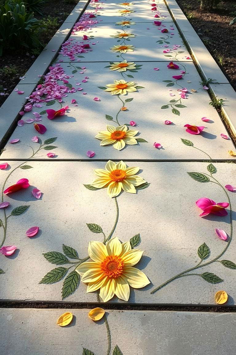 Enchanted Floral Impressions - 24 Concrete Walkway Painting Ideas