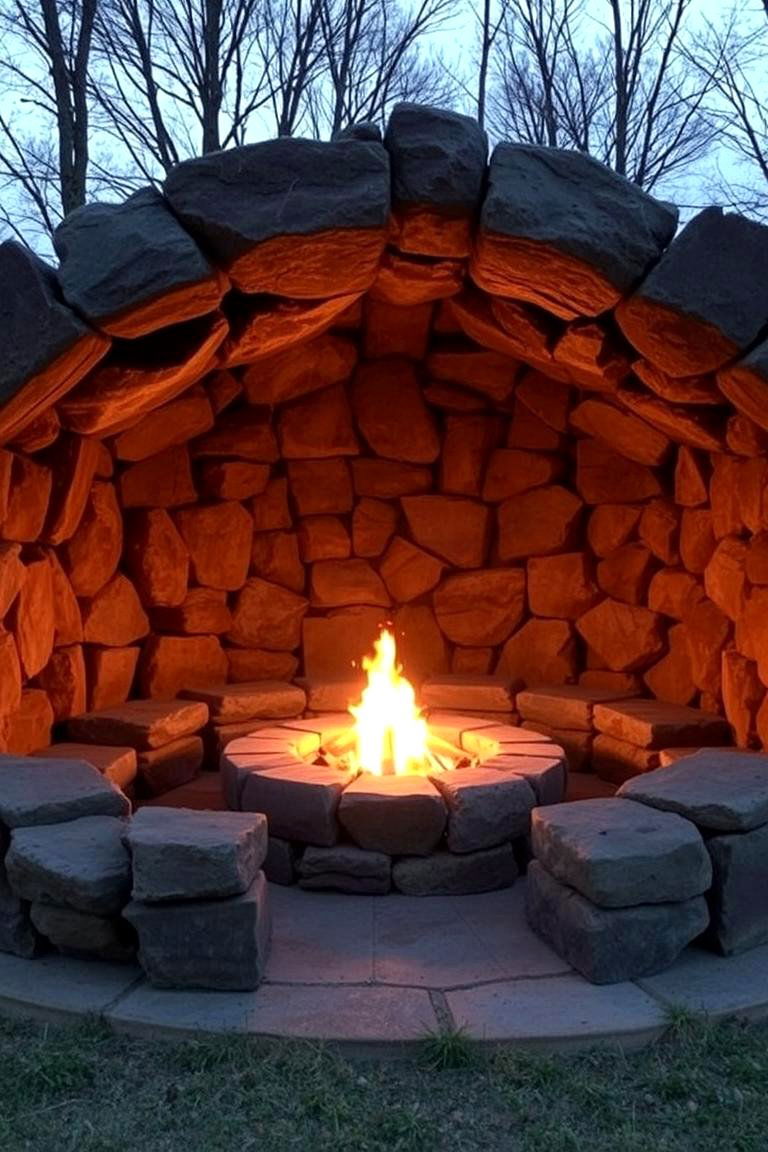 Enclosed Stone Fire Pit Lounge - 24 Rock Fire Pit Ideas