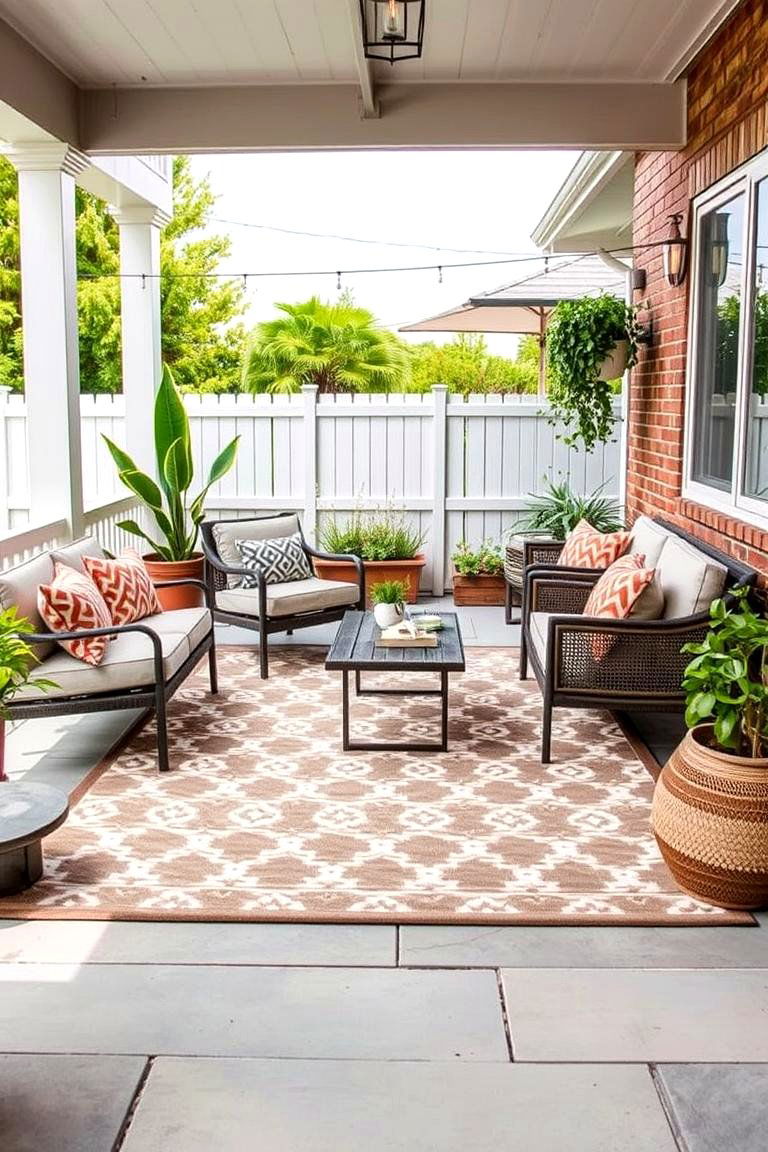 Enhance Comfort with Outdoor Rugs and Furniture - 24 Low Maintenance Backyard Landscaping Ideas