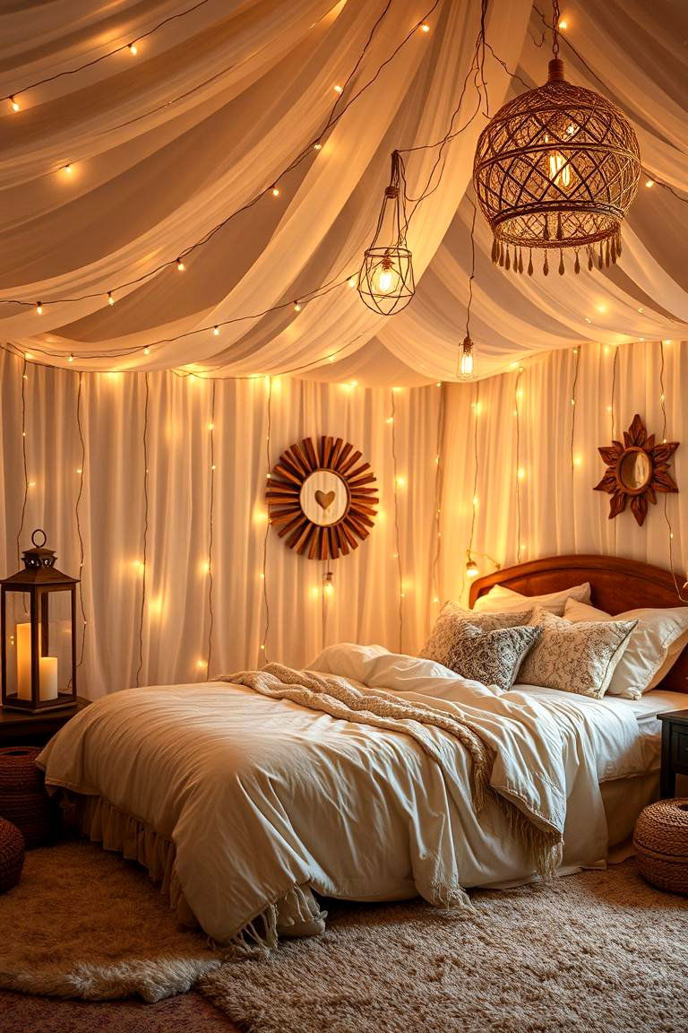 Enhance the Space with Fairy Lights and Lanterns - 24 Small Boho Bedroom Ideas