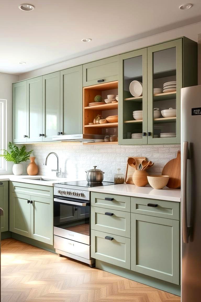Enhanced Functionality with Style - 24 Rustic Sage Green Kitchen Cabinets
