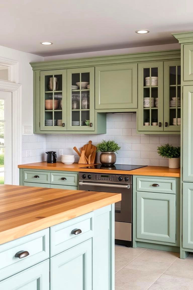Enhanced Kitchen Flow and Layout - 24 Sage Green Kitchen Cabinets With Butcher Block Countertops
