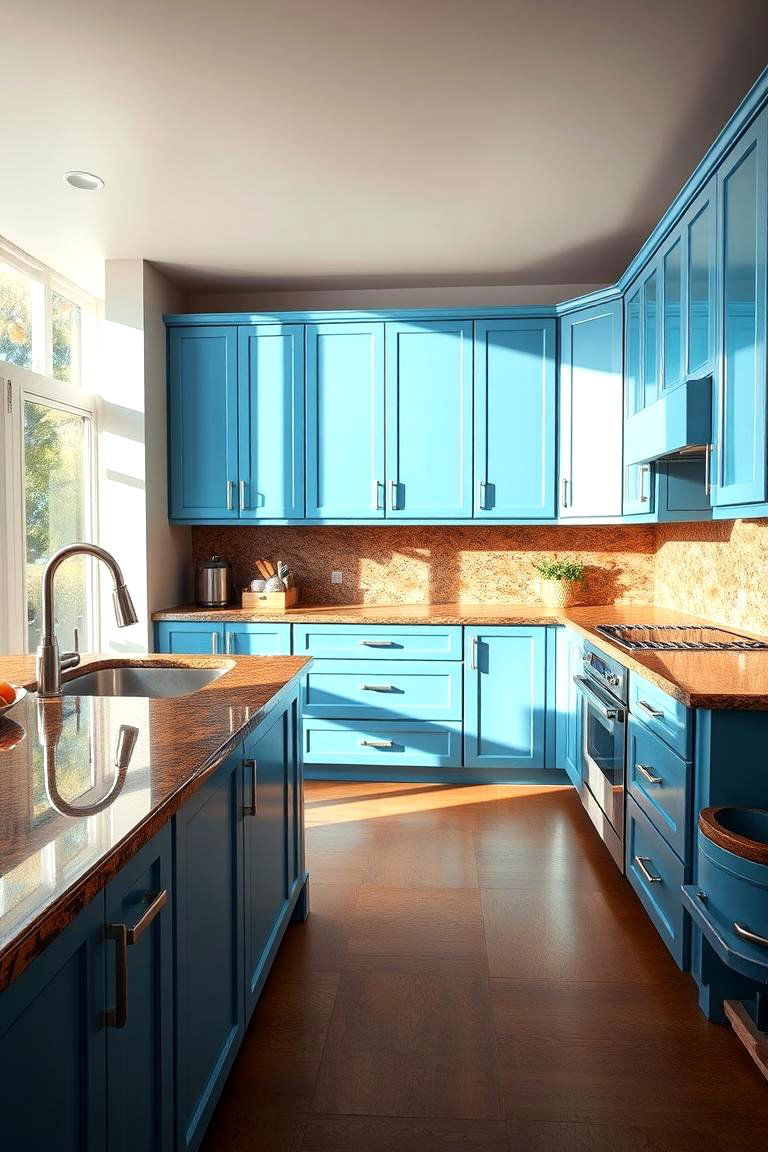 Enhanced Lighting with Reflective Surfaces - 24 blue kitchen cabinets with brown granite countertops