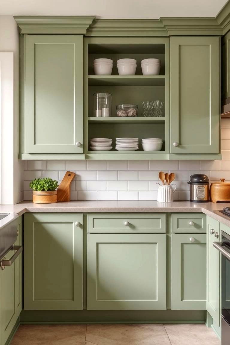 Enhanced Storage Solutions - 24 Rustic Sage Green Kitchen Cabinets