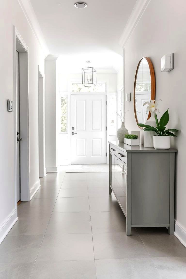 Entryway with Grey Flooring and White Walls - 24 Grey and White House Interior Design Ideas