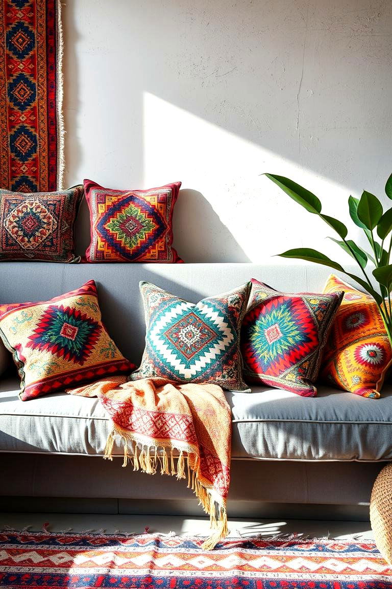 Ethnic Patterned Pillows - 24 Grey Boho Bedroom Ideas