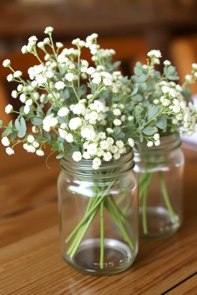 Eucalyptus and Babys Breath in Mason Jars - 24 Eucalyptus Wedding Centerpieces