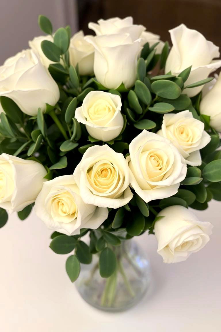 Eucalyptus and White Roses Arrangement - 24 Eucalyptus Wedding Centerpieces