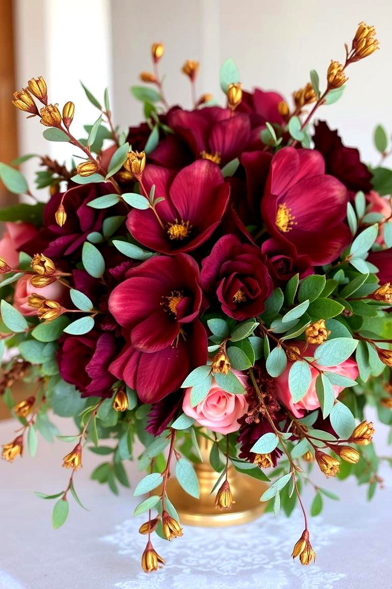 Eucalyptus with Burgundy and Gold Accents - 24 Eucalyptus Wedding Centerpieces