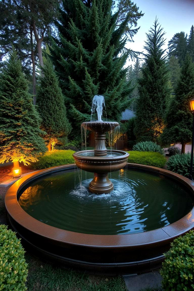 Evergreen Fountain Feature - 24 Front Yard Evergreen Landscaping Ideas