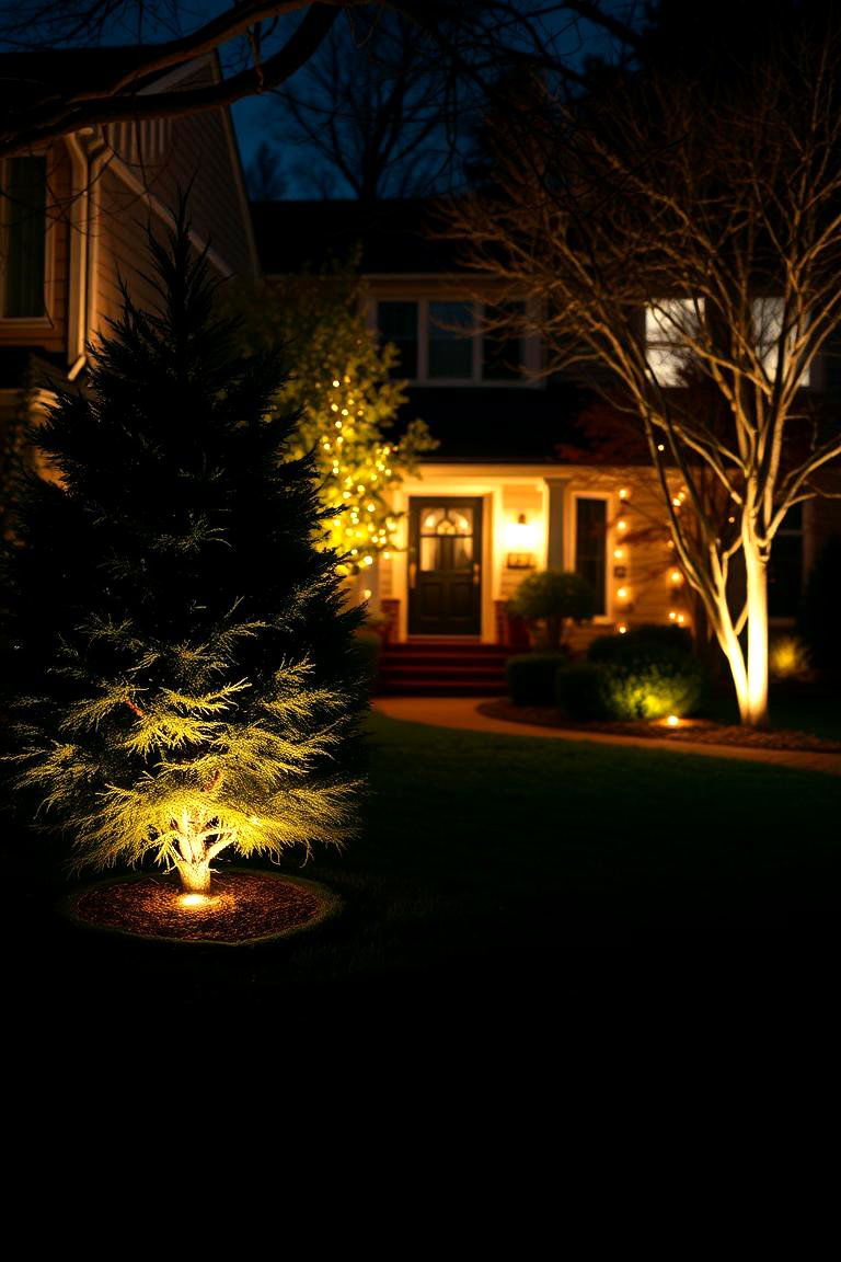 Evergreen Seasonal Lighting - 24 Front Yard Evergreen Landscaping Ideas