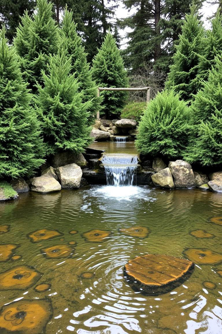 Evergreen Water Feature Integration - 24 Front Yard Evergreen Landscaping Ideas
