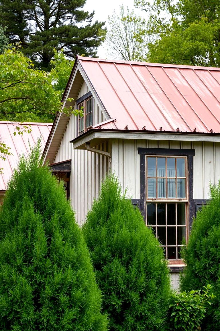 Evergreen with Metal Accents - 24 Farmhouse Green Exterior Home Ideas