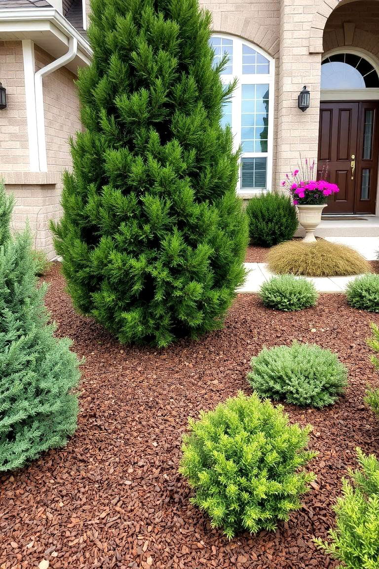 Evergreens with Mulch Accents - 24 Front Yard Evergreen Landscaping Ideas