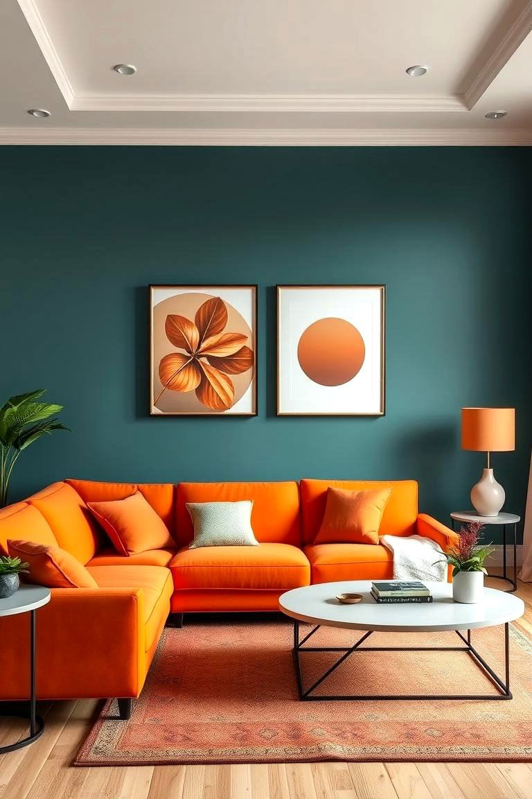 Experts often recommend using a color wheel to find the perfect accent colors for your orange couch - 24 Orange Couch Living Room Ideas