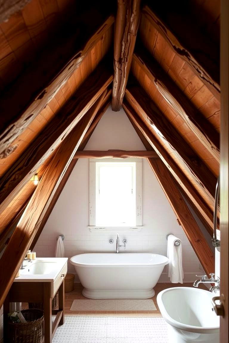 Exposed Beams for Rustic Charm - 24 Attic Bathroom Ideas