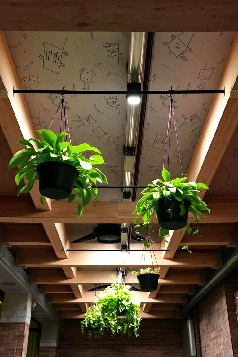 Exposed Beams with Hanging Planters - 24 Exposed Basement Ceiling Ideas