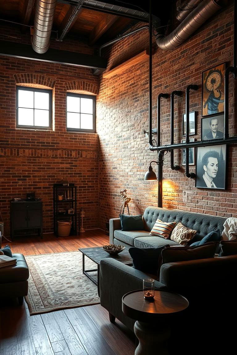 Exposed Brick and Pipe Details - 24 Steampunk Living Room Ideas