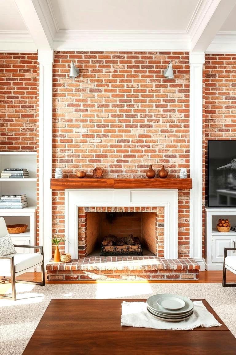 Exposed Brick with White Accents - 24 Brick Fireplace Ideas