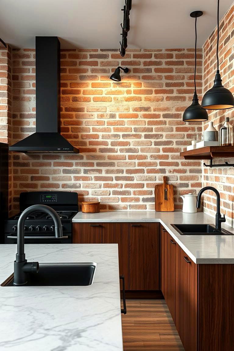 Exposed Brown Brick Charm - 24 Black and Brown Kitchen Ideas