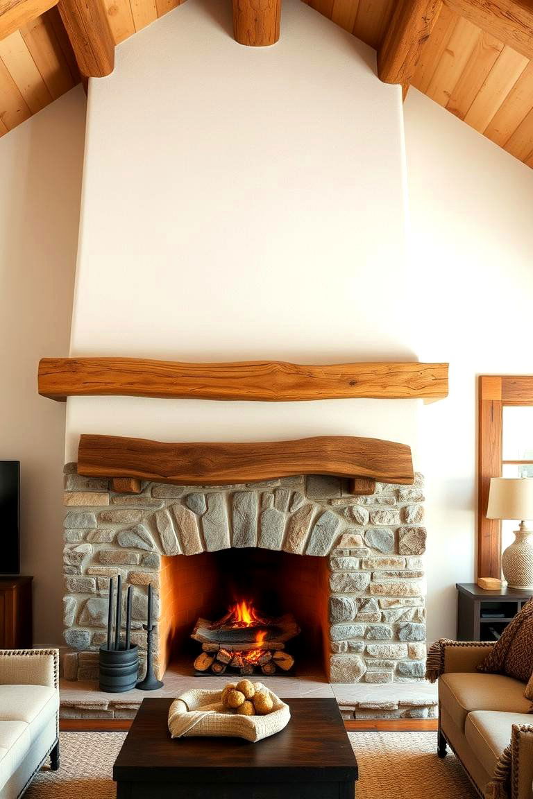Exposed Wood Beam Mantel - 24 Fireplace Wall Ideas