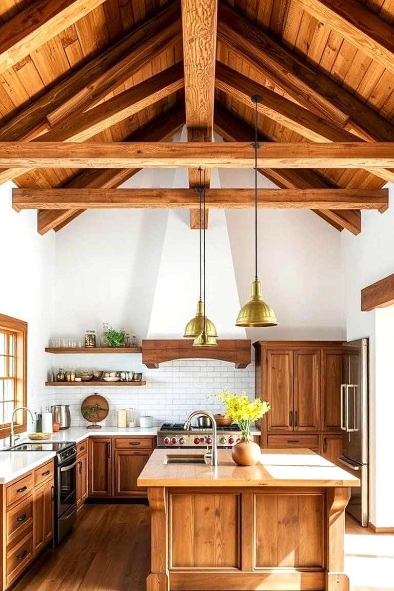 Exposed Wooden Beams Overhead - 24 Rustic Kitchen Island Ideas