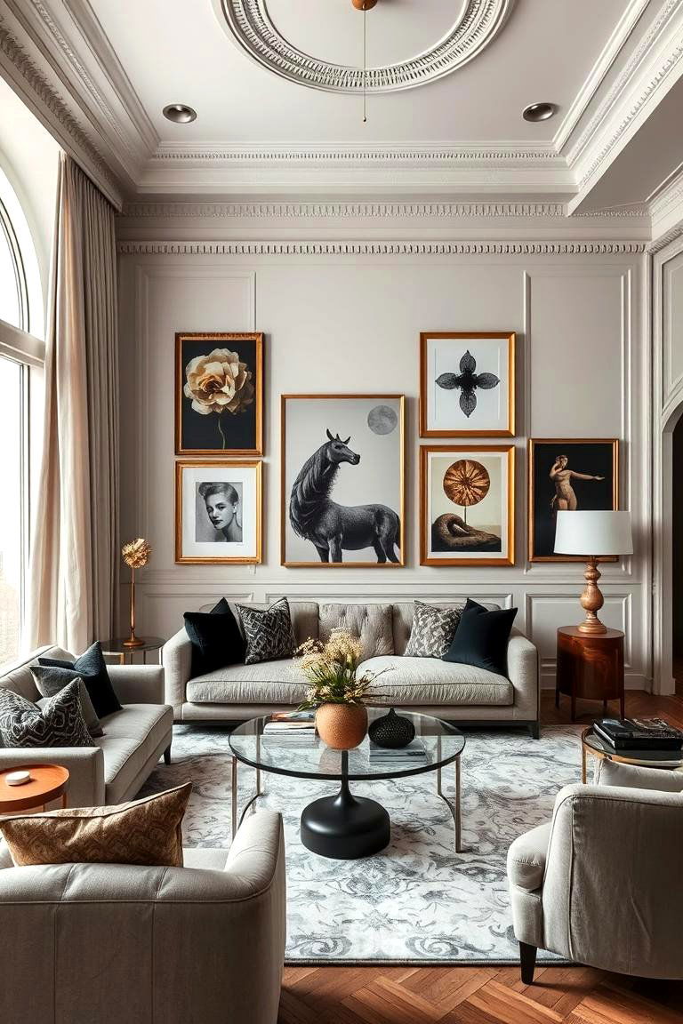 Exquisite Black and Gold Artwork Display - 24 Black and Gold Living Room Ideas