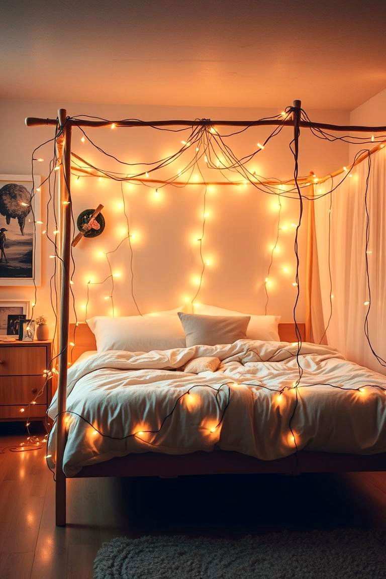 Fairy Lights Around the Bedframe - 24 Bedroom Lighting Ideas