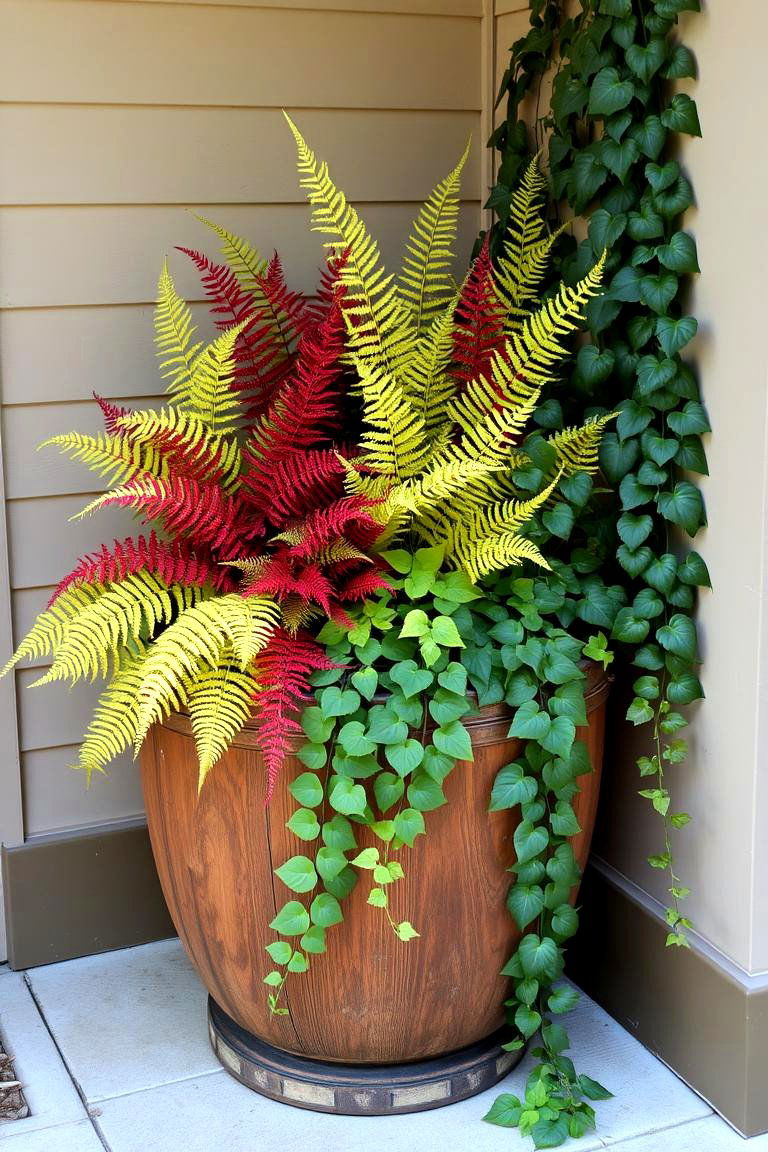 Fall Colored Ferns and Ivy - 24 Fall Planter Ideas