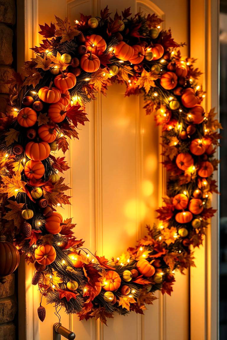 Fall Inspired Garland and Lights - 24 Front Door Fall Decor Ideas