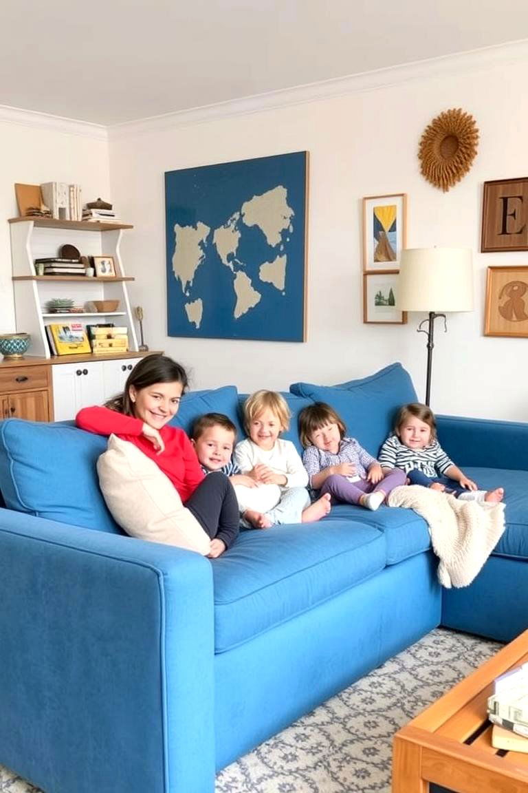 Family Friendly Blue Couch with Comfy Textures - 24 Blue Couch Living Room Ideas