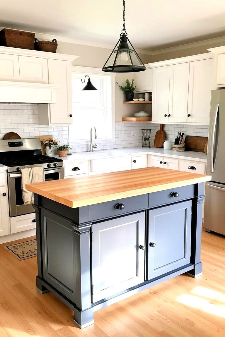 Farmhouse Charm with Butcher Block - 24 white kitchen ideas with black island