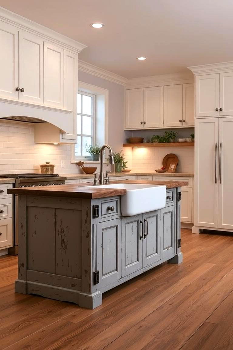 Farmhouse Charm with Distressed Grey Island - 24 White Kitchen Cabinets With Grey Island Ideas