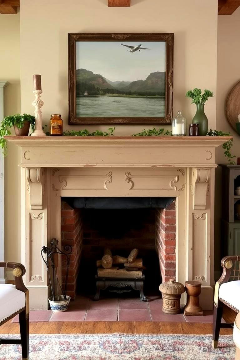 Farmhouse Fireplace with Vintage Mantle - 24 Farmhouse Fireplace Ideas